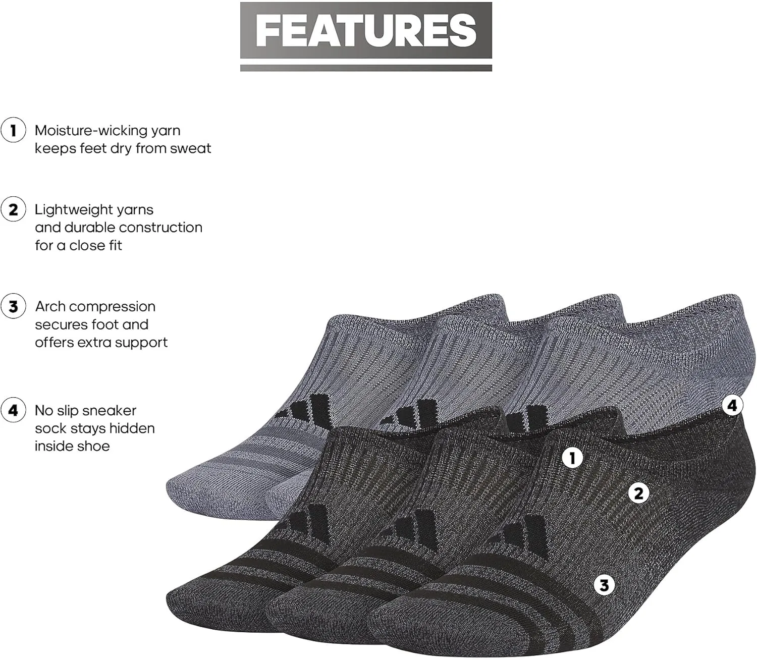 adidas Men's Superlite 3.0 Super No Show Socks (6-Pair) Ultra Low-Profile, Arch Compression for Secure Fit