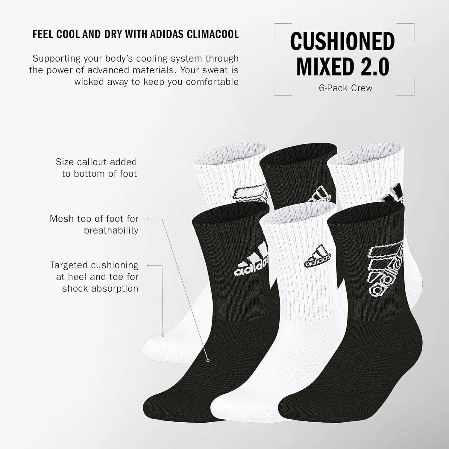 adidas Unisex Youth Athletic Cushioned 6-Pack, Crew Socks Kids for Sports, Durable & Breathable