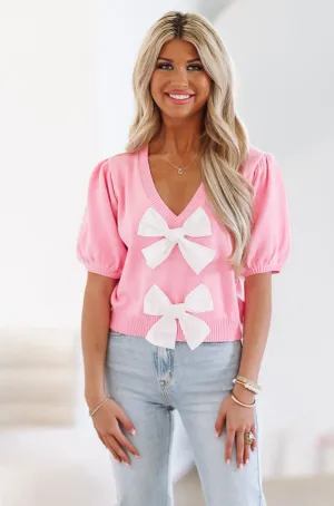 Beloved Bow Short Sleeve Sweater - Pink