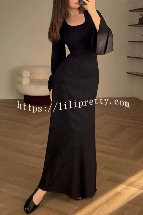 Comfortable Elegance Ribbed Bell Long Sleeve Stretch Maxi Dress