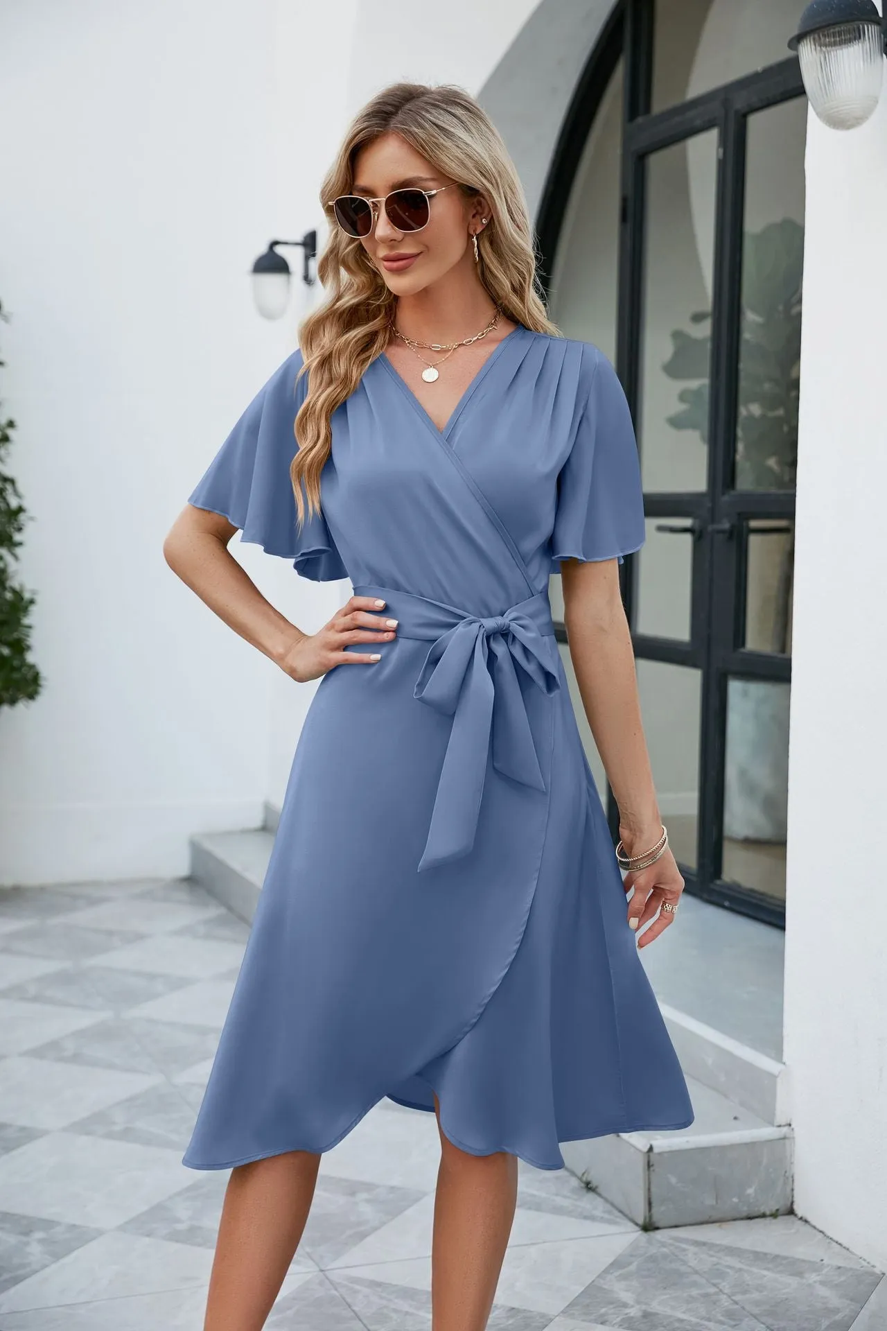 DEANWAQNGKT  Summer   Cross-Border European and American Women's Clothing Satin V-neck Fitted Waist Flare-Sleeve Comfortable Sexy Dress New