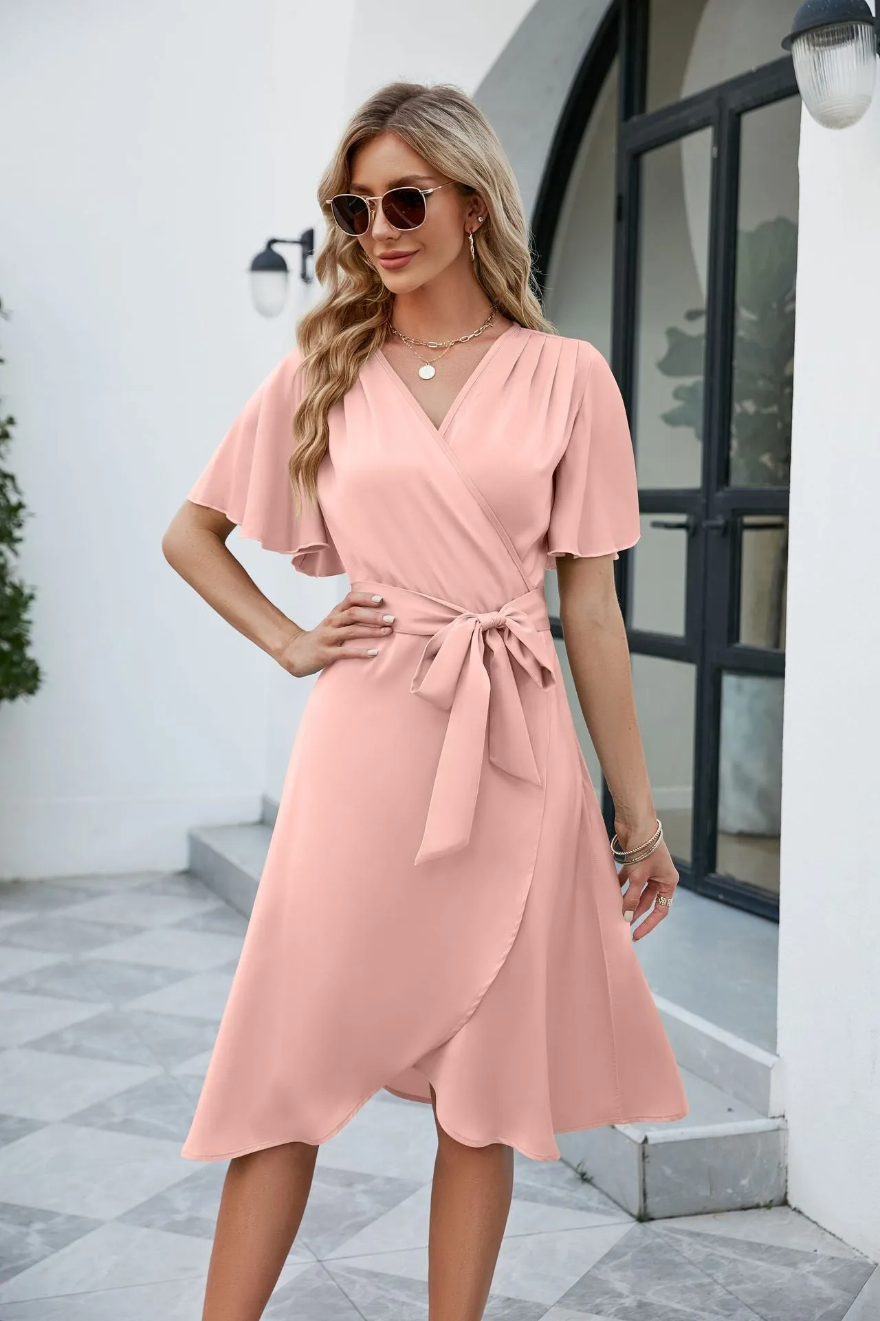 DEANWAQNGKT  Summer   Cross-Border European and American Women's Clothing Satin V-neck Fitted Waist Flare-Sleeve Comfortable Sexy Dress New