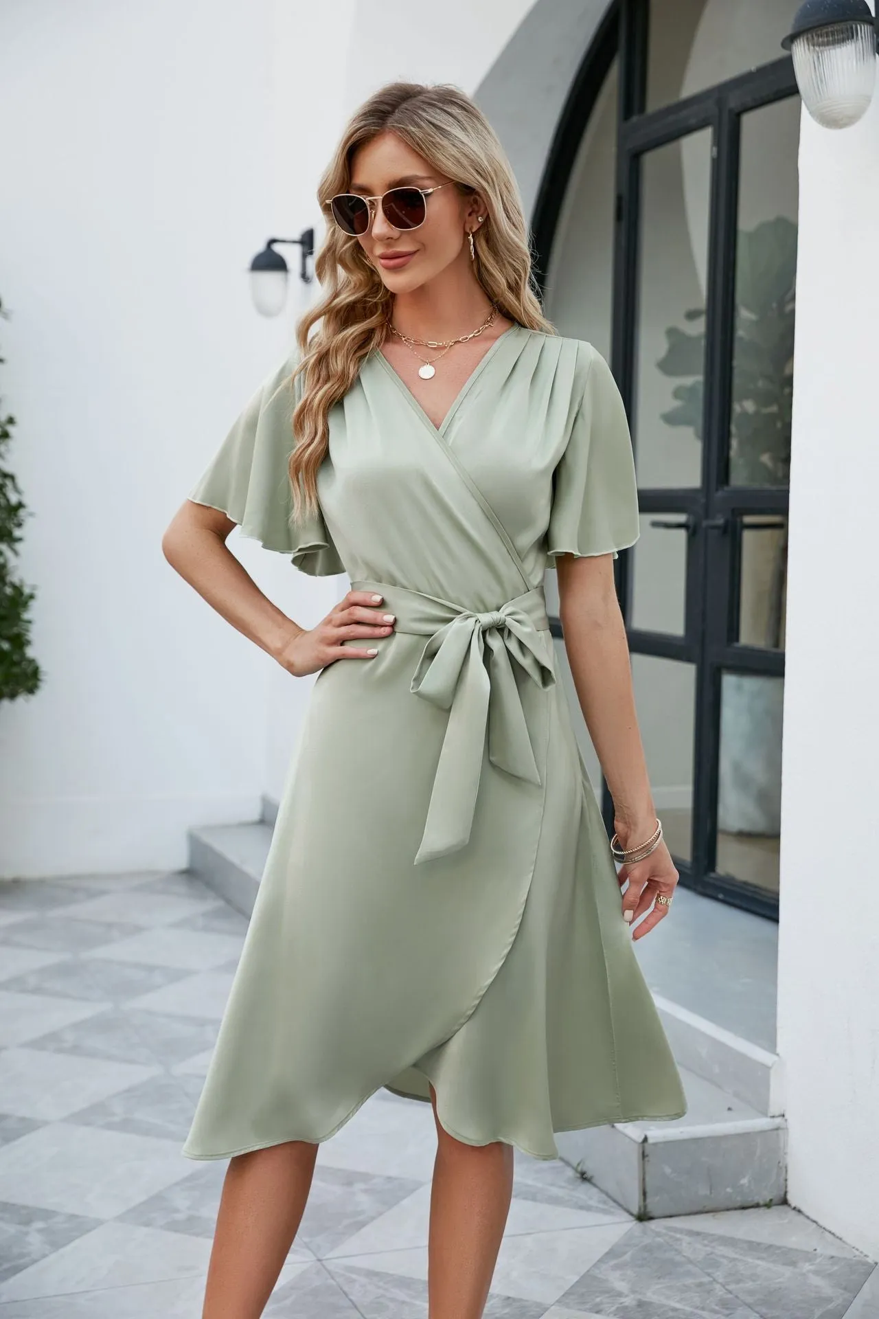 DEANWAQNGKT  Summer   Cross-Border European and American Women's Clothing Satin V-neck Fitted Waist Flare-Sleeve Comfortable Sexy Dress New