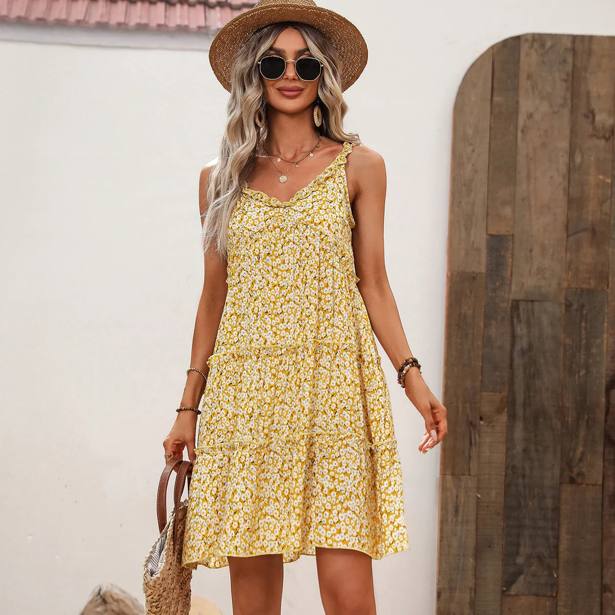 Leaf Print High Trendy Waist Mini Dress