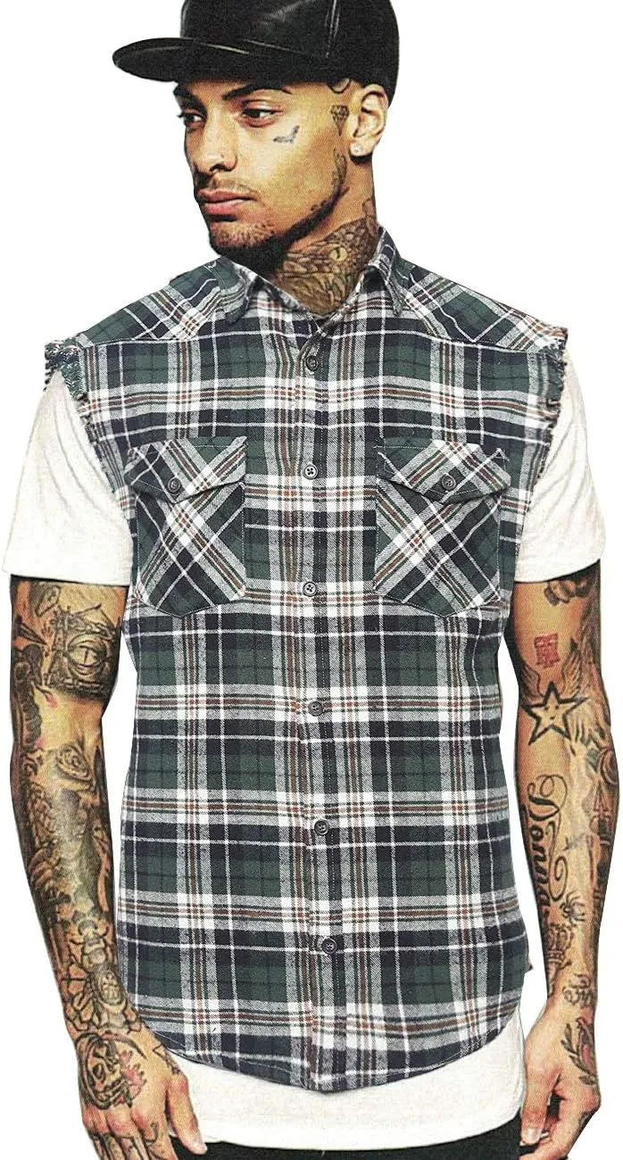 NUTEXROL Men's Casual Flannel Plaid Shirt Sleeveless Plus Size Vest