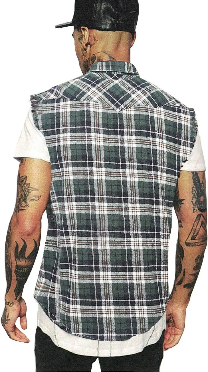 NUTEXROL Men's Casual Flannel Plaid Shirt Sleeveless Plus Size Vest