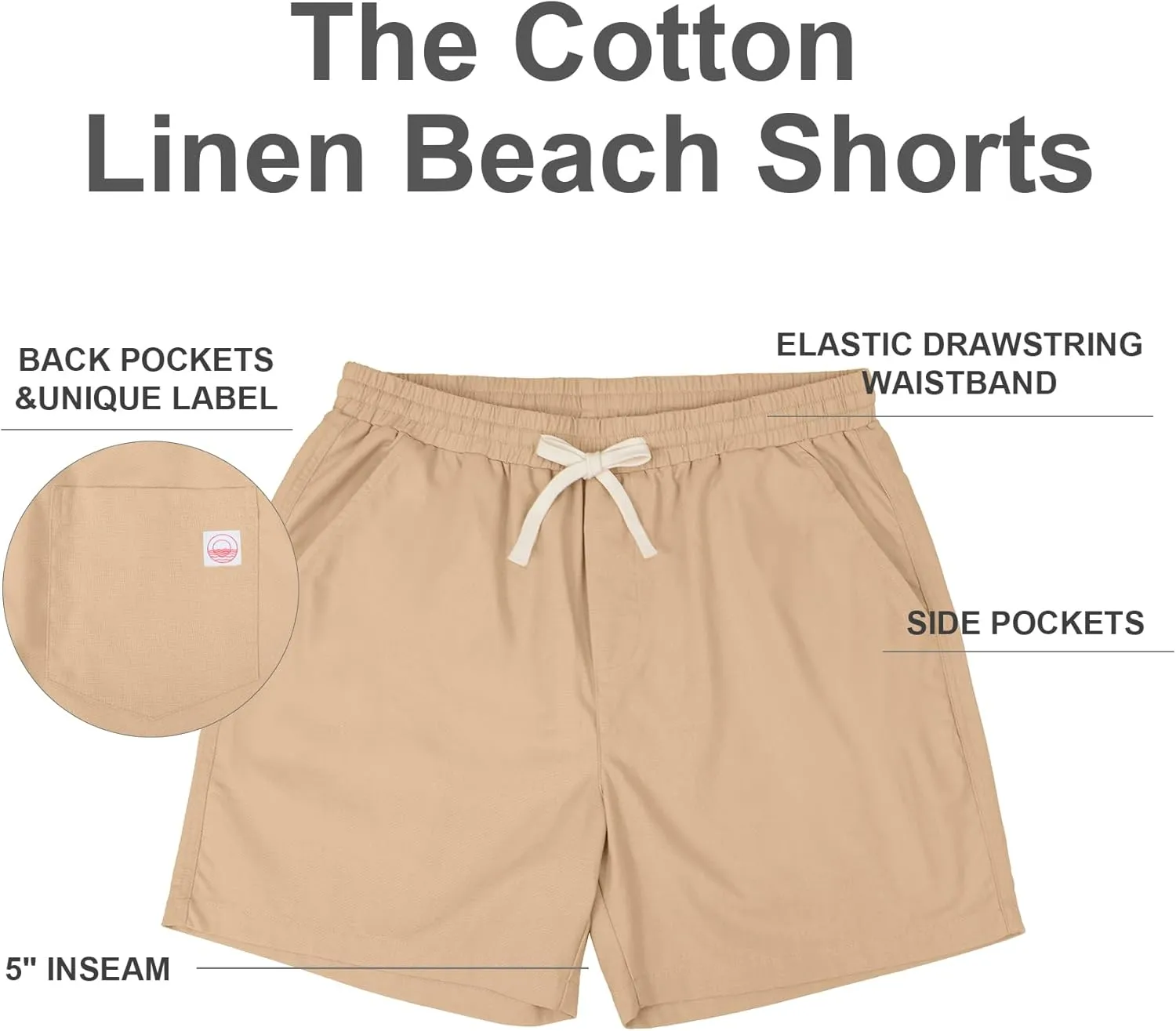 PLEPAN Mens 5 Inch Linen Shorts - Casual Elastic Waist Drawstring Summer Beach Shorts with Pocket