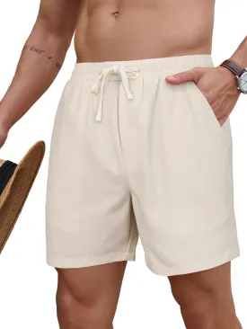 PLEPAN Mens 5 Inch Linen Shorts - Casual Elastic Waist Drawstring Summer Beach Shorts with Pocket