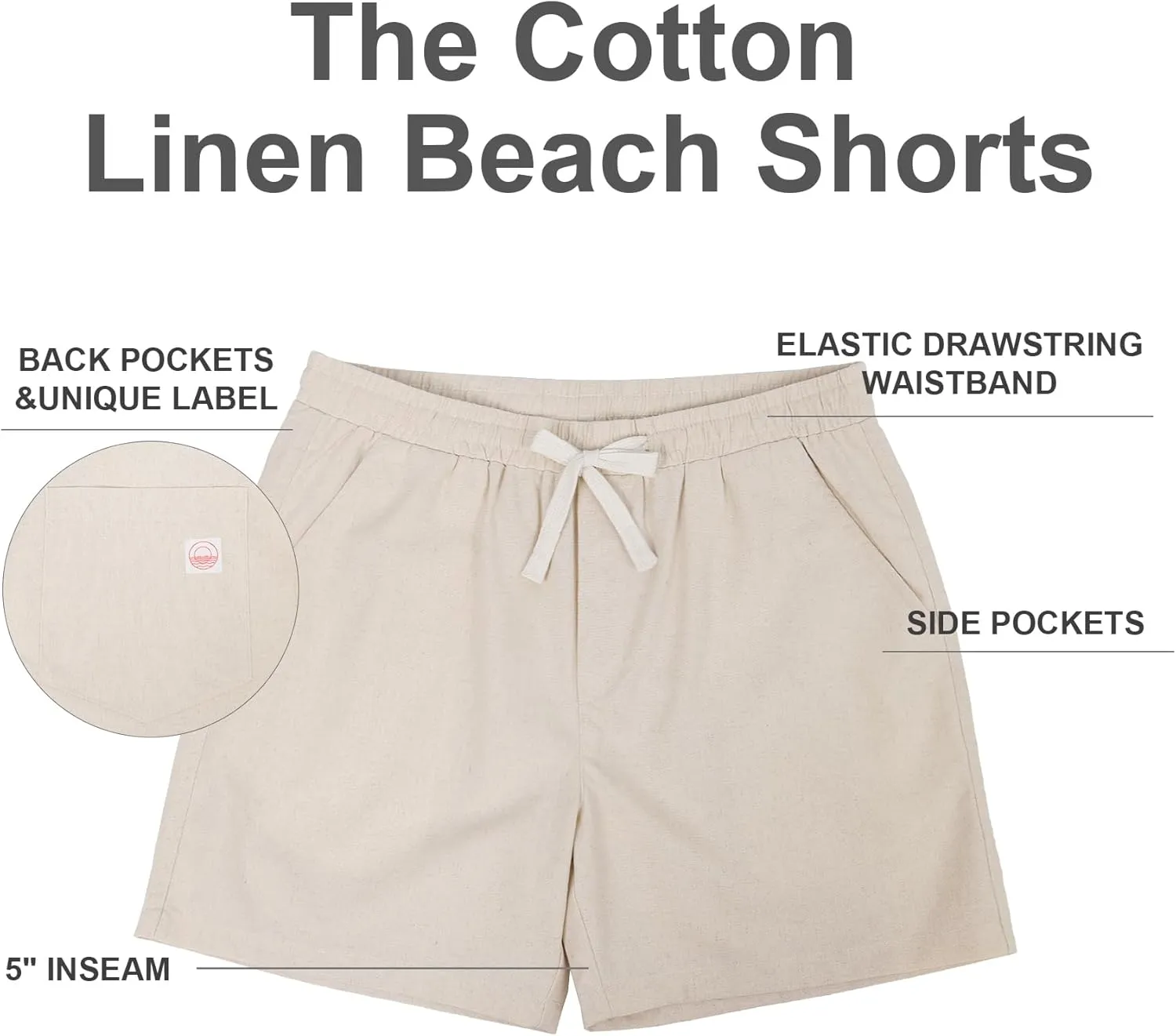 PLEPAN Mens 5 Inch Linen Shorts - Casual Elastic Waist Drawstring Summer Beach Shorts with Pocket
