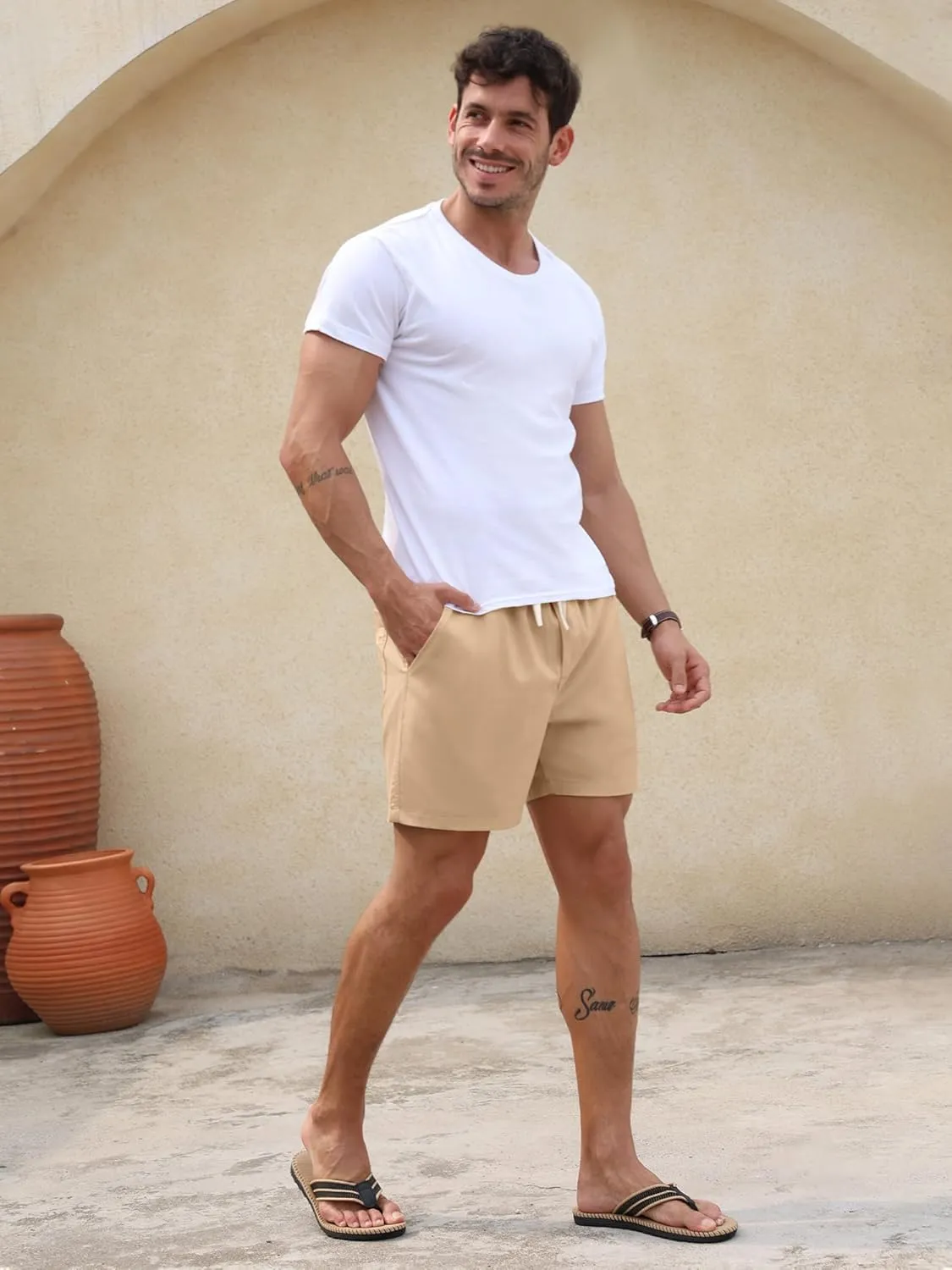 PLEPAN Mens 5 Inch Linen Shorts - Casual Elastic Waist Drawstring Summer Beach Shorts with Pocket