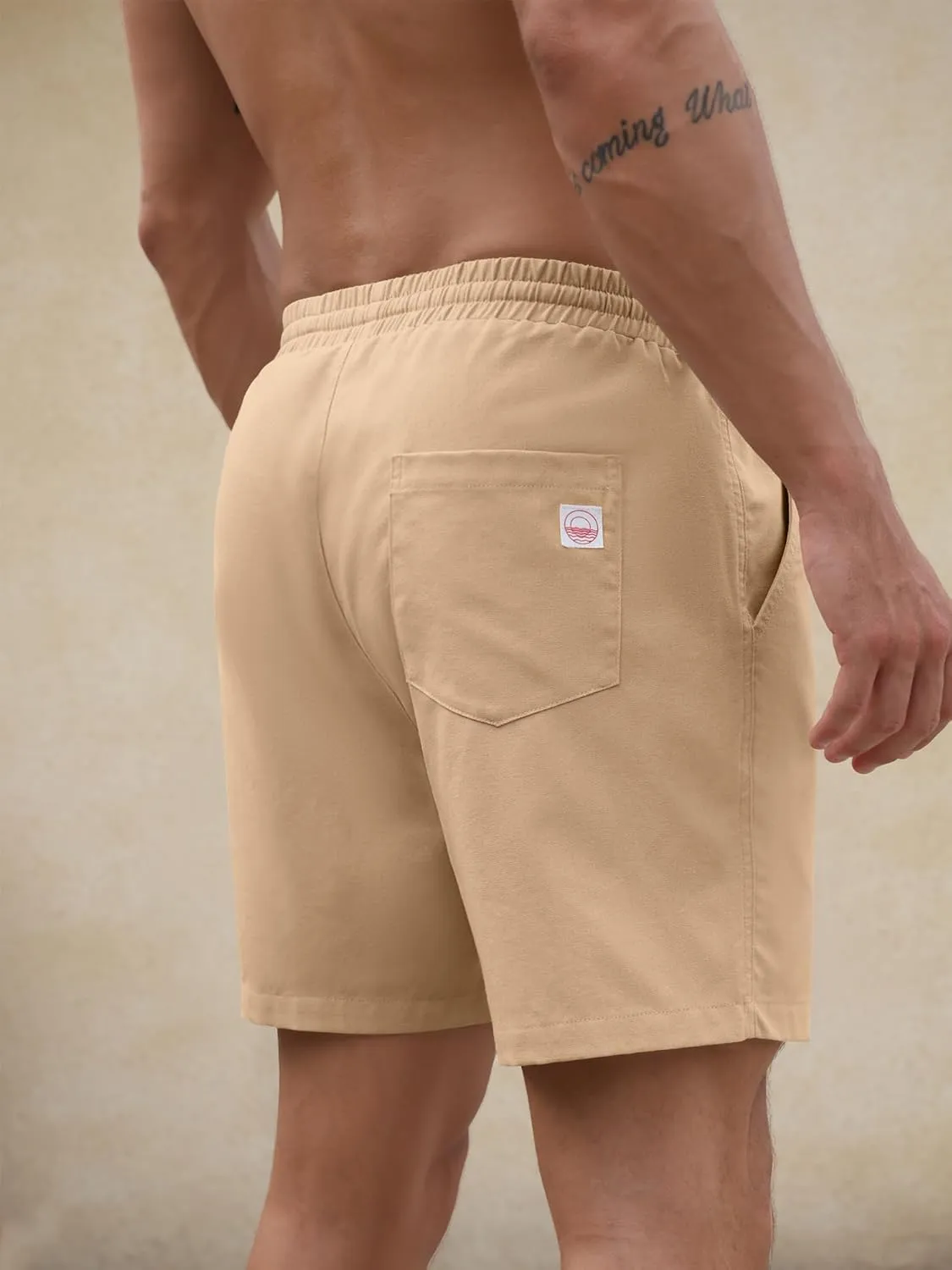 PLEPAN Mens 5 Inch Linen Shorts - Casual Elastic Waist Drawstring Summer Beach Shorts with Pocket