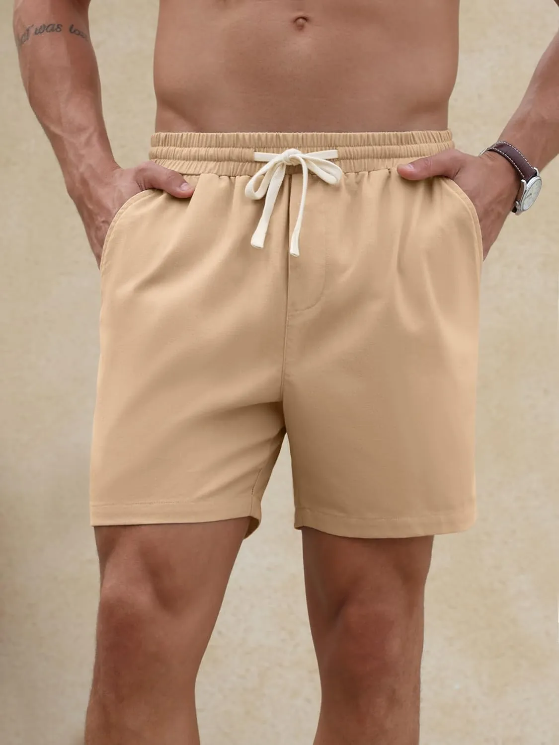 PLEPAN Mens 5 Inch Linen Shorts - Casual Elastic Waist Drawstring Summer Beach Shorts with Pocket