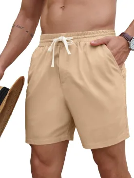 PLEPAN Mens 5 Inch Linen Shorts - Casual Elastic Waist Drawstring Summer Beach Shorts with Pocket