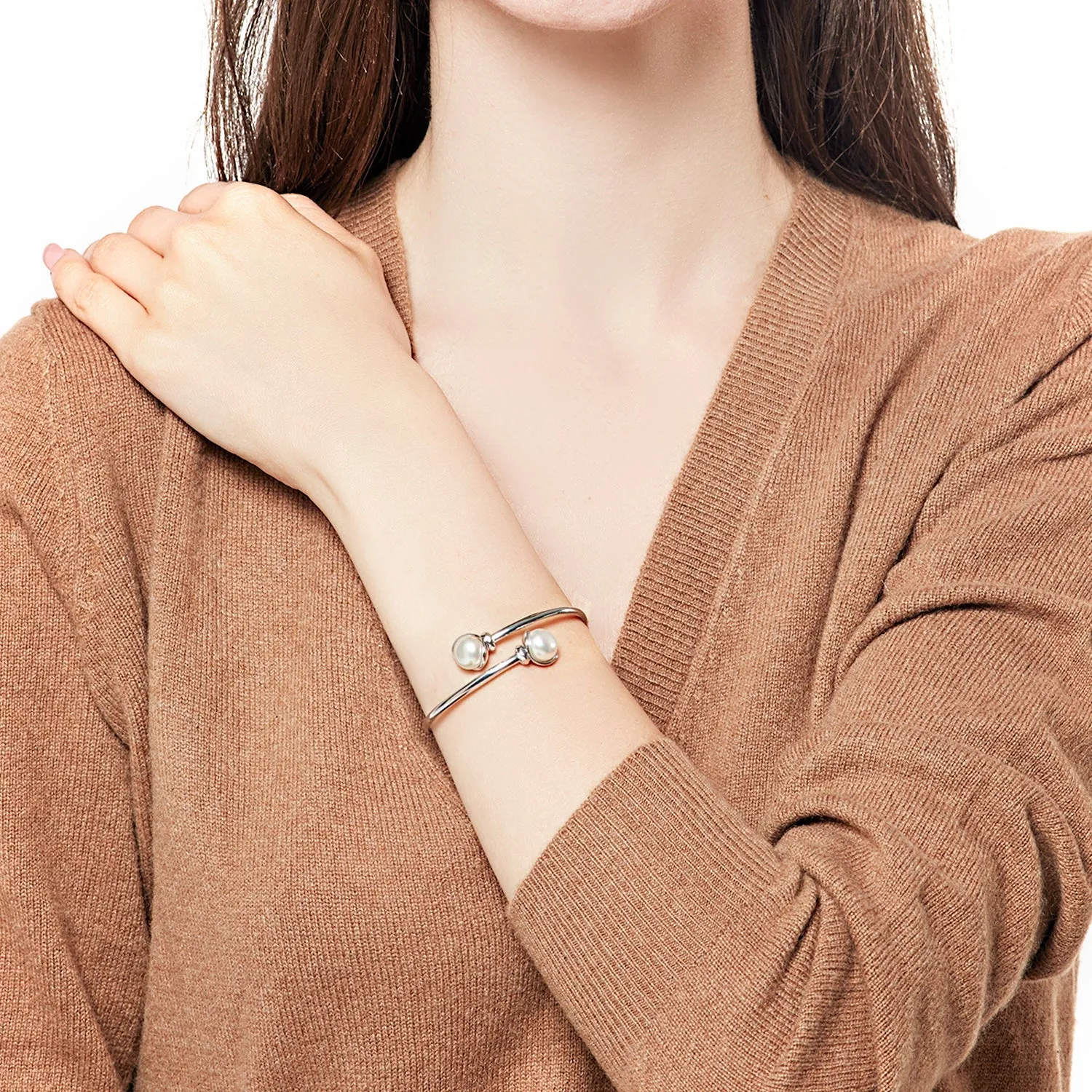 Sterling Silver Rhodium Plated Bangle Bracelet for Women with Organic Pearl, 10mm Round Flat White Pearl, 46x58mm Length, Alina Collection